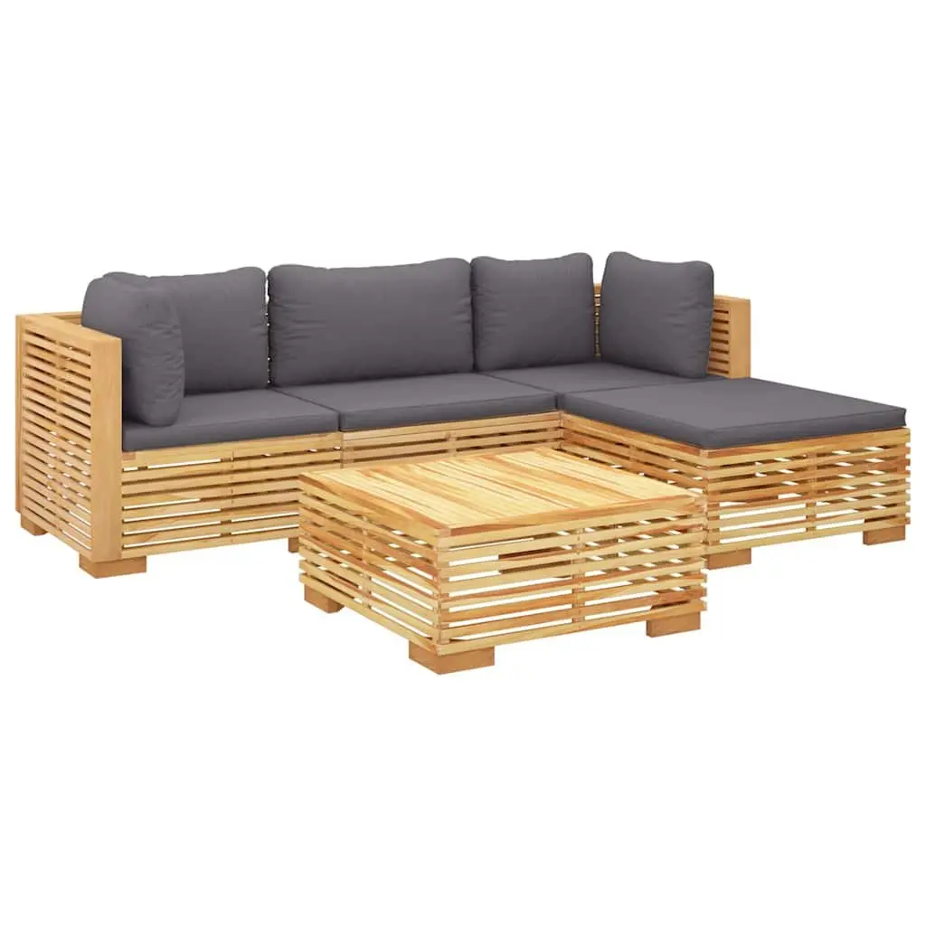 5 Piece Garden Lounge Set Brown Solid Wood Teak Cushions
