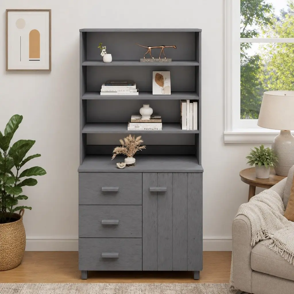 Wooden Highboard Grey Solid Pinewood Storage Cabinet with Doors Drawers Shelves