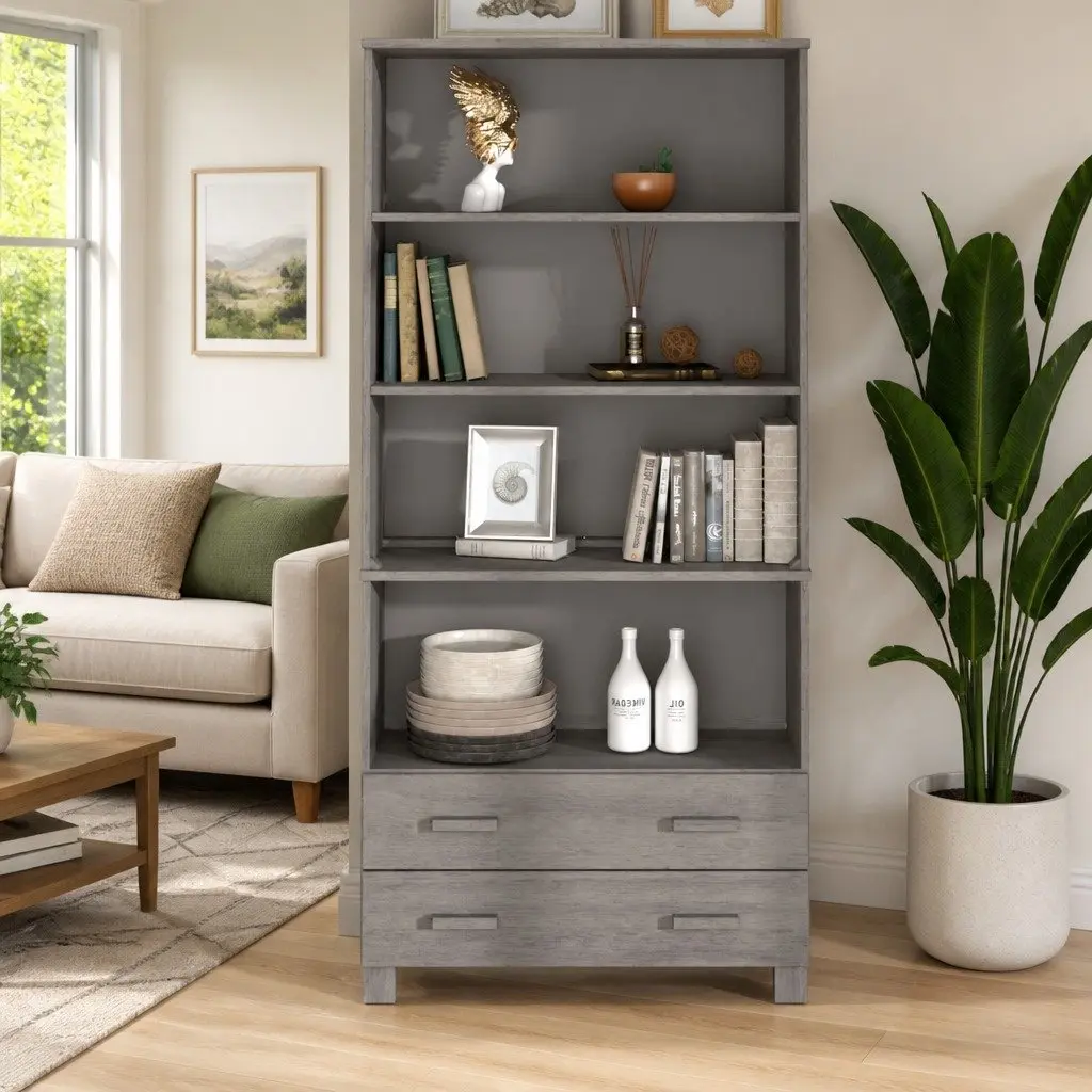 Highboard Sideboard Light Grey Solid Pine Wood Storage Cabinet with Open Shelves and Sliding Drawers