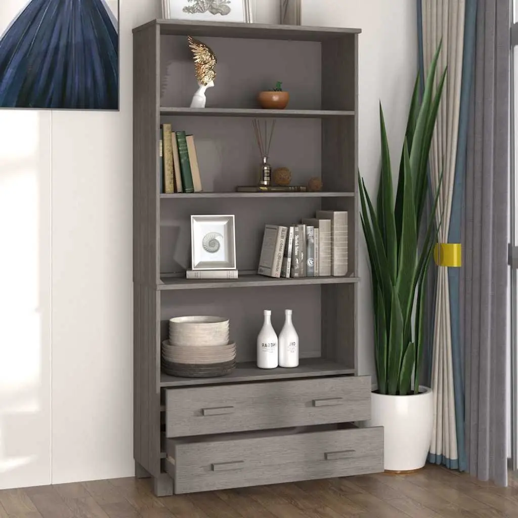 Highboard Sideboard Light Grey Solid Pine Wood Storage Cabinet with Open Shelves and Sliding Drawers