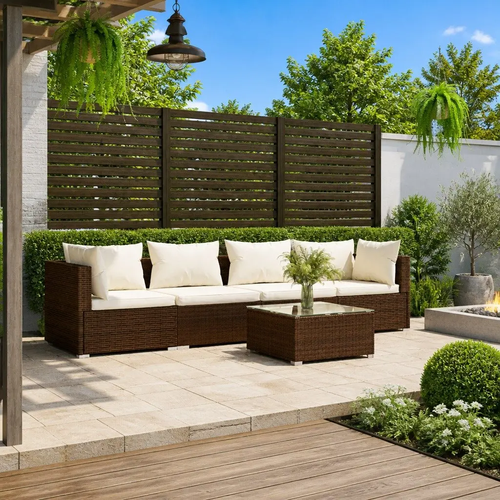 5 Piece Garden Lounge Set Poly Rattan Outdoor Furniture with Cushions Brown