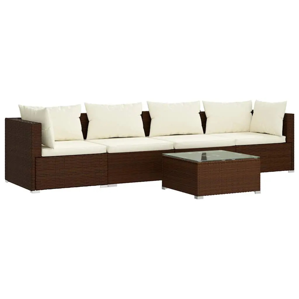 5 Piece Garden Lounge Set Poly Rattan Outdoor Furniture with Cushions Brown