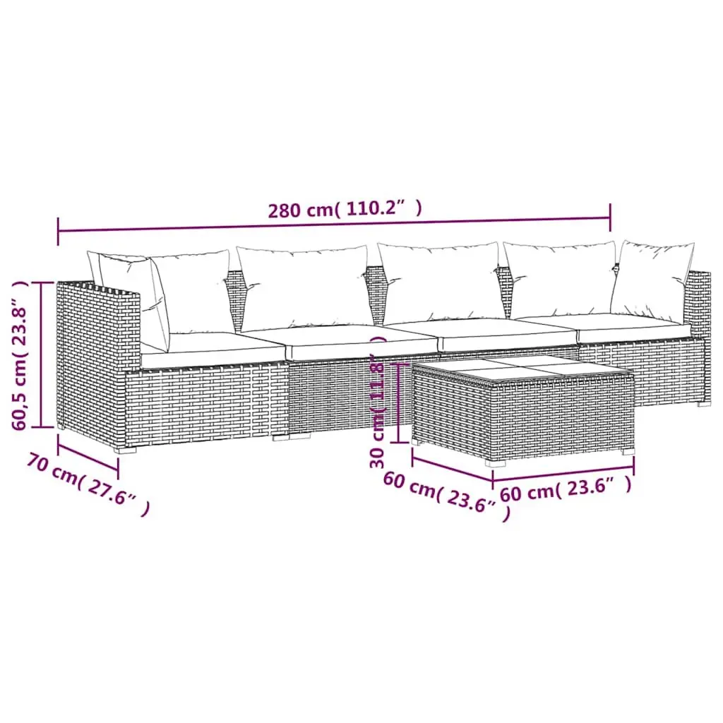 5 Piece Garden Lounge Set Poly Rattan Outdoor Furniture with Cushions Brown
