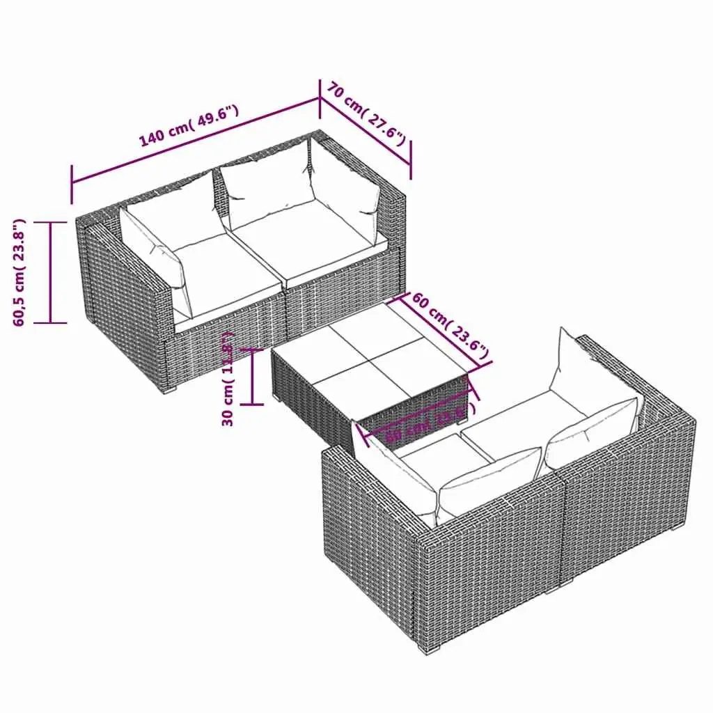 Garden Lounge Set 5 Piece Poly Rattan Outdoor Furniture with Cushions Grey