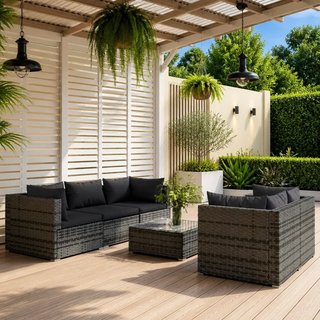 6 Piece Modular Garden Lounge Set Grey Water-Resistant PE Rattan Outdoor Furniture with Cushions