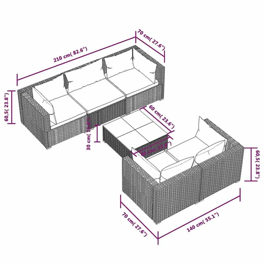 6 Piece Modular Garden Lounge Set Grey Water-Resistant PE Rattan Outdoor Furniture with Cushions