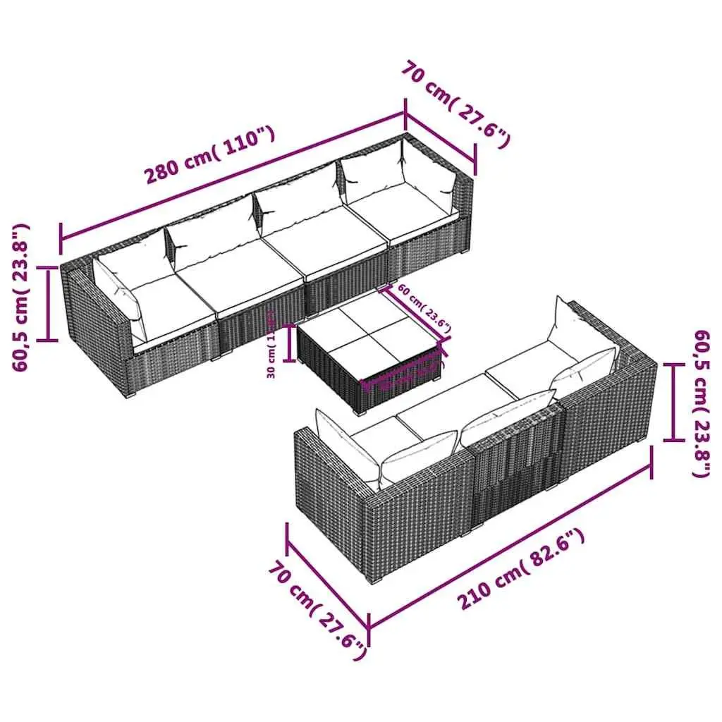 Garden Lounge Set 8 Piece Outdoor Furniture Poly Rattan Modular Brown Cushions