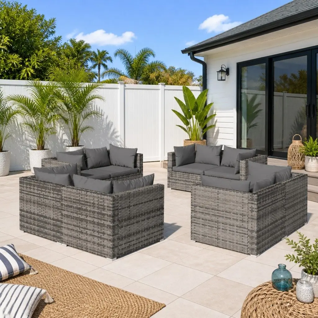 Garden Lounge Set Grey 8 Piece Modular Outdoor Furniture with Water-Resistant Cushions