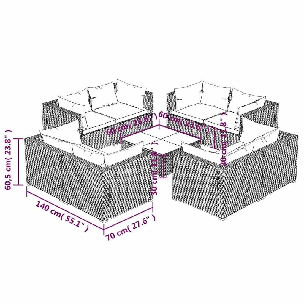 Garden Lounge Set 9 Piece Modular Outdoor Furniture Black Poly Rattan with