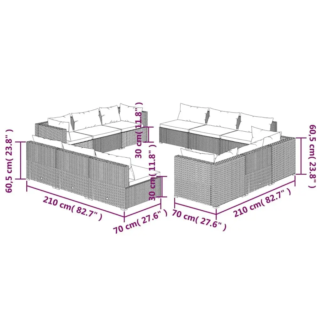 Outdoor Garden Lounge Set Black 12 Piece Modular Furniture with Cushions