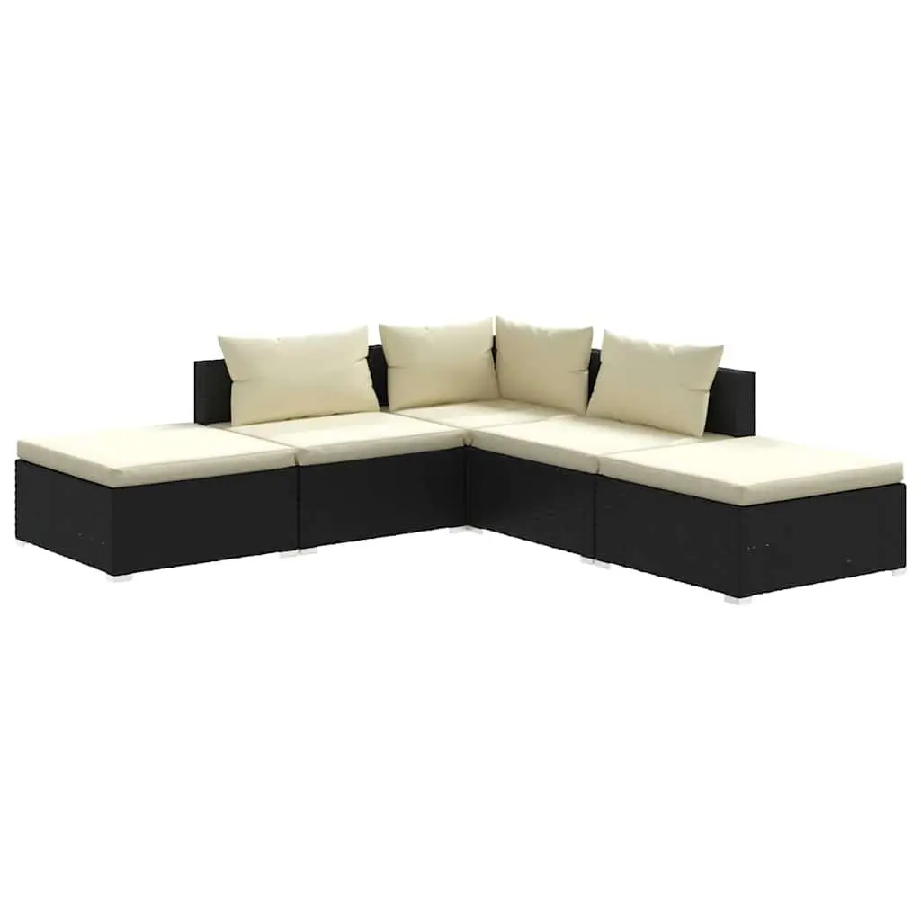 5 Piece Outdoor Patio Furniture Set Black PE Rattan Modular with Thick Cushions