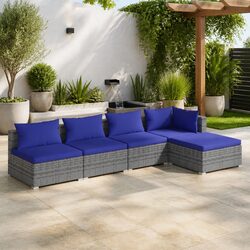 5 Piece Garden Lounge Set Grey Poly Rattan Outdoor Furniture with Cushions