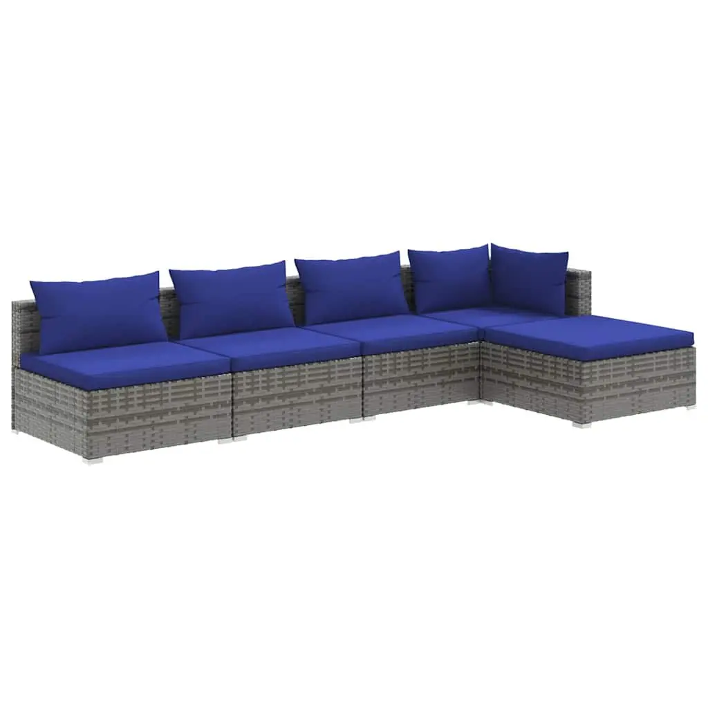 5 Piece Garden Lounge Set Grey Poly Rattan Outdoor Furniture with Cushions