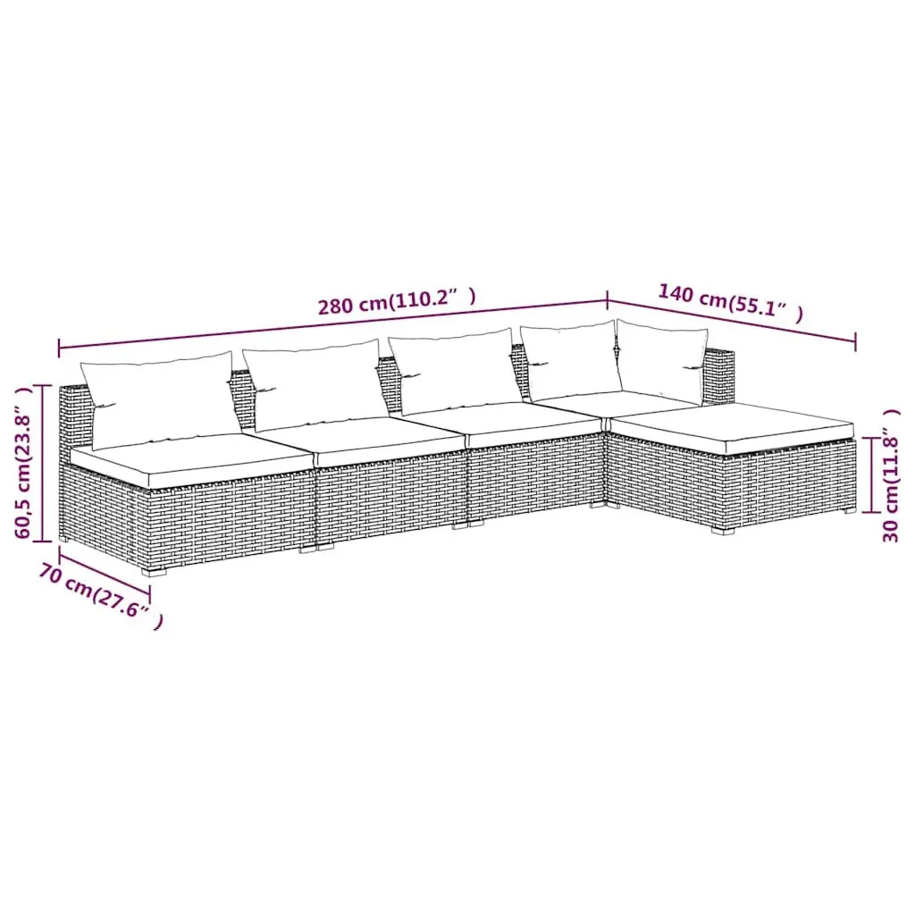 5 Piece Garden Lounge Set Grey Poly Rattan Outdoor Furniture with Cushions
