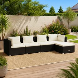 5 Piece Garden Lounge Set Black Poly Rattan Outdoor Patio Sofa with Cushions