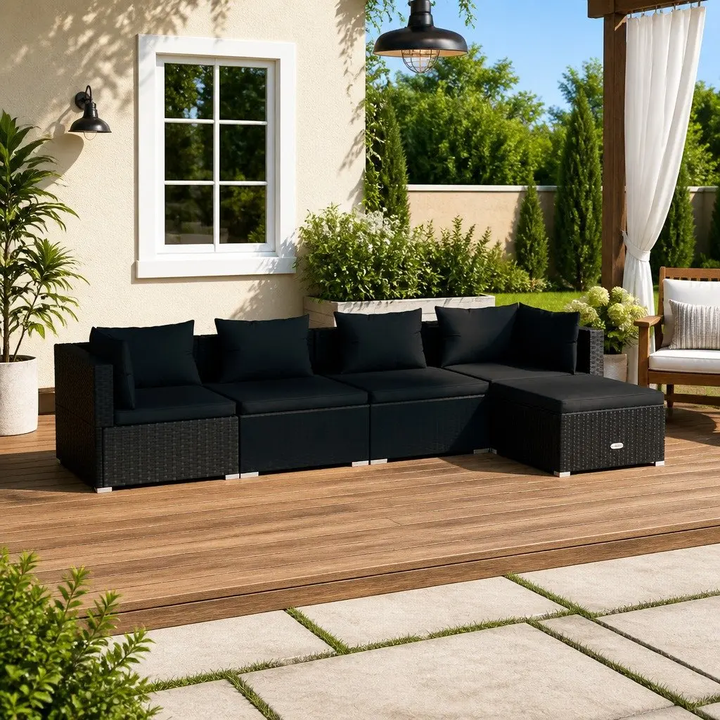 5 Piece Garden Lounge Set Black Modular Outdoor Patio Sofa Rattan Furniture
