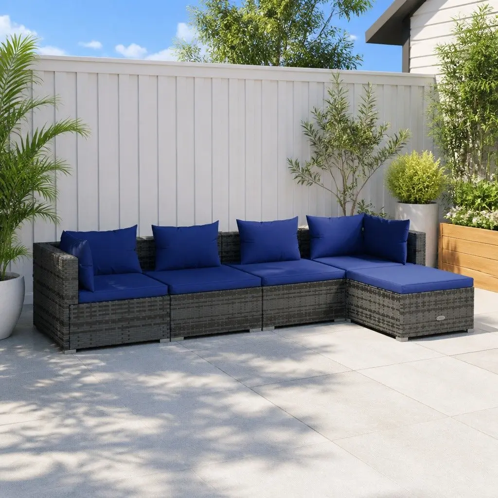 5 Piece Garden Lounge Set Outdoor Patio Furniture Grey Poly Rattan with Cushions