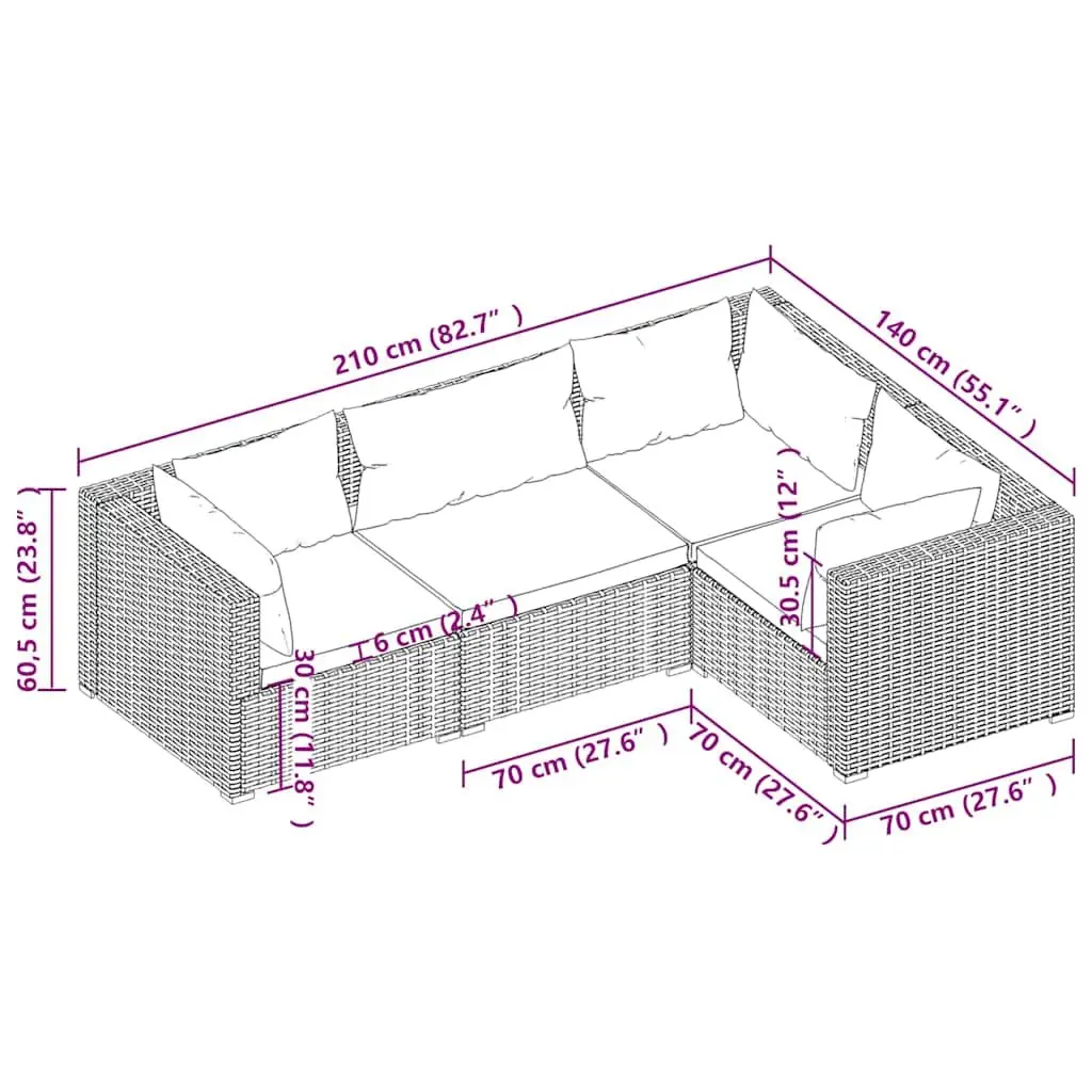 Garden Lounge Set 4 Piece Outdoor Furniture Modular Poly Rattan Black Cushions