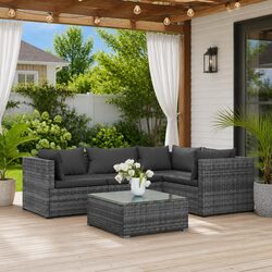 5 Piece Garden Lounge Set Poly Rattan Cushions Grey Outdoor Patio Furniture