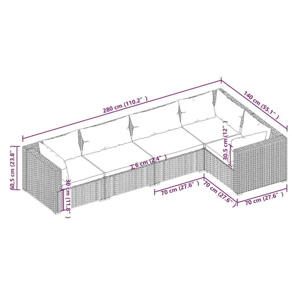 5 Piece Garden Lounge Set Outdoor Patio Furniture Poly Rattan Grey with Cushions