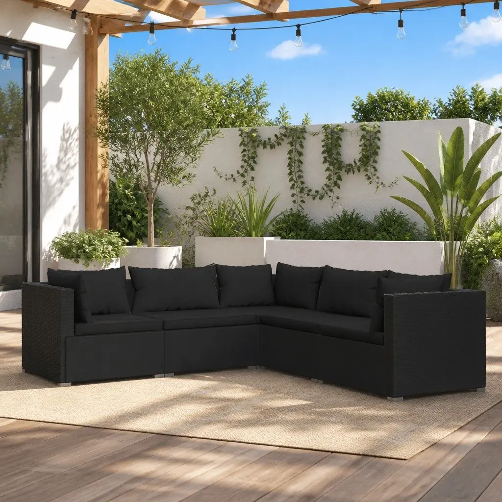 5 Piece Modular Garden Lounge Set Black Waterproof PE Rattan Outdoor Furniture with Removable Cushions