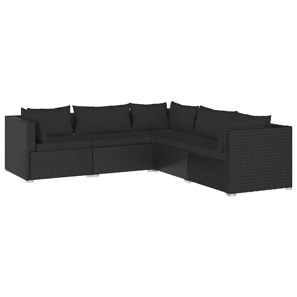 5 Piece Modular Garden Lounge Set Black Waterproof PE Rattan Outdoor Furniture with Removable Cushions