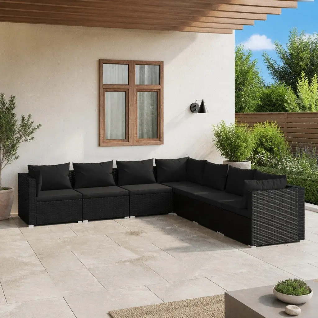 7 Piece Garden Lounge Set Black Modular Sofa Waterproof PE Rattan