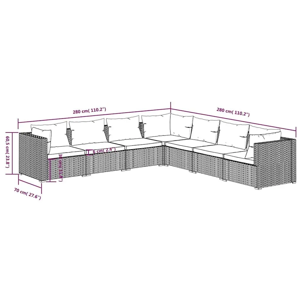 7 Piece Garden Lounge Set Black Modular Sofa Waterproof PE Rattan