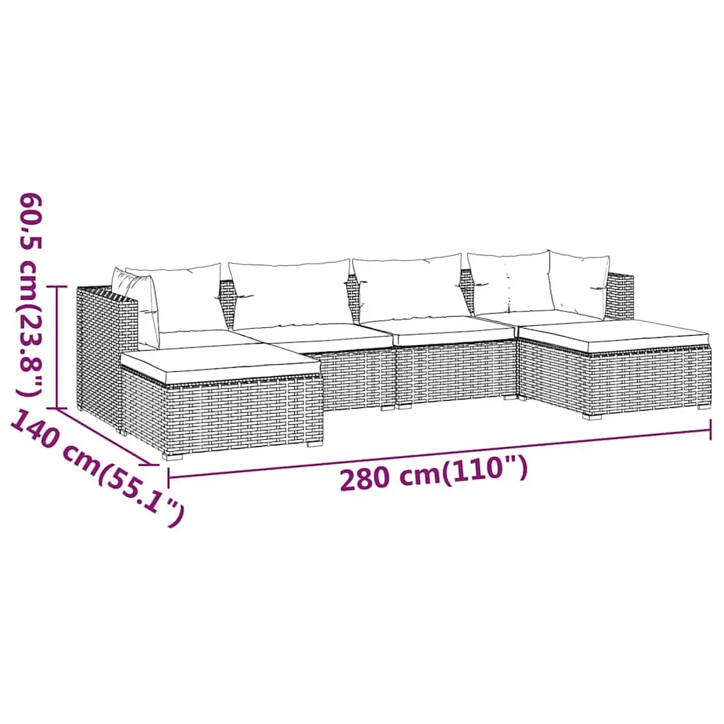 6 Piece Garden Lounge Set Black Modular Outdoor Patio Furniture with Cushions