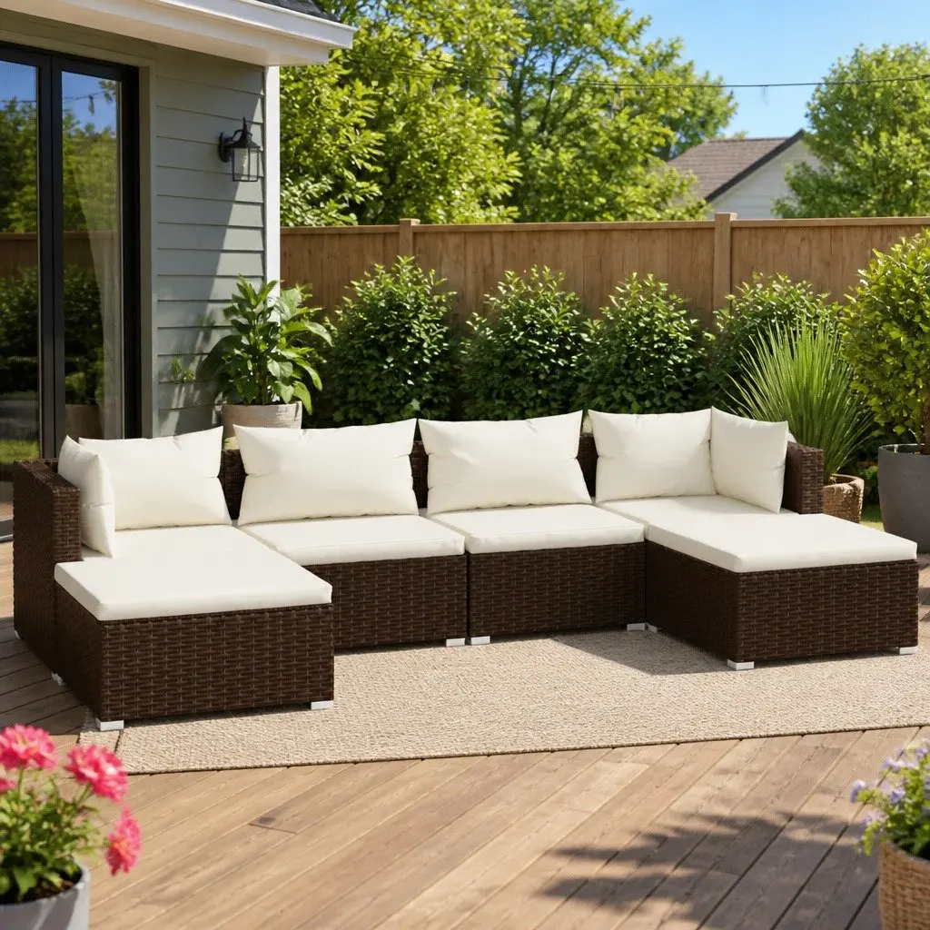 Garden Lounge Set Brown 6 Piece Modular Poly Rattan Outdoor Furniture with Cushions