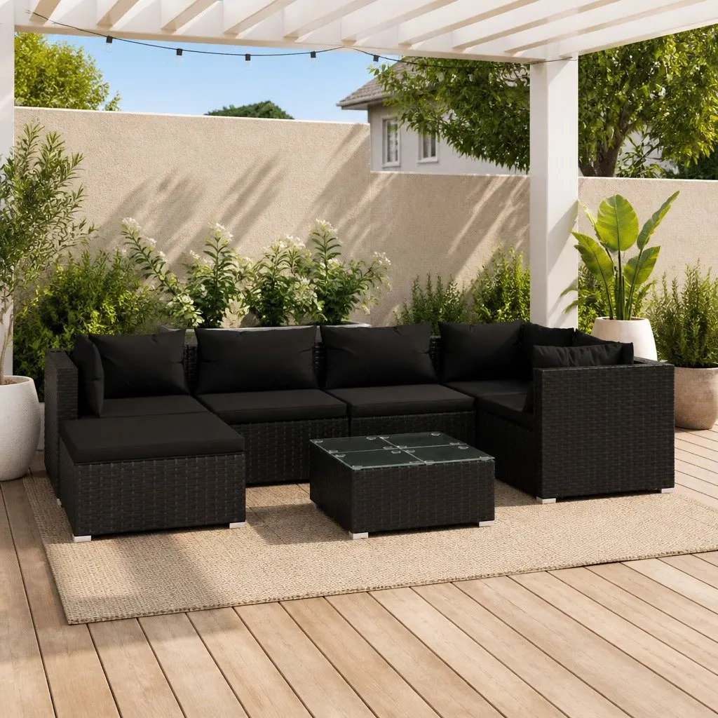 7 Piece Outdoor Garden Lounge Set Black Modular Poly Rattan Furniture