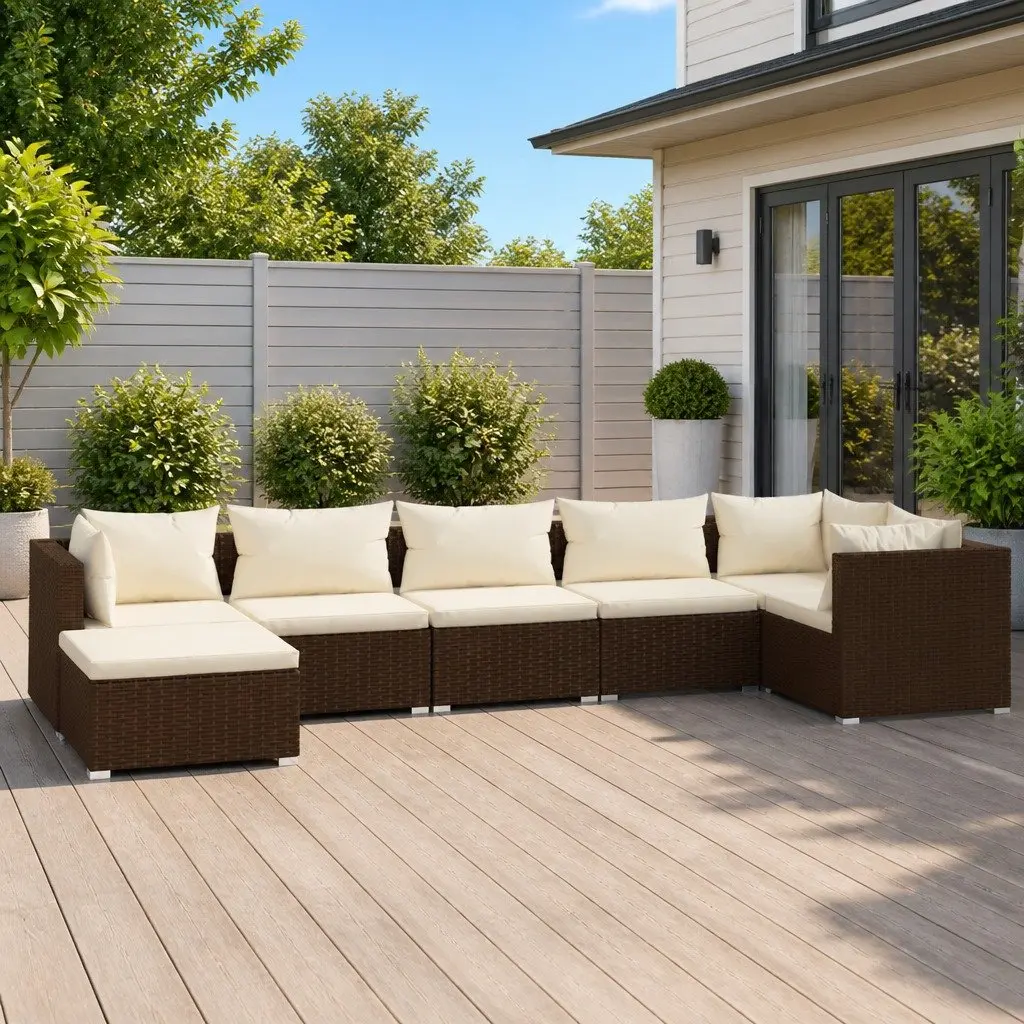 7 Piece Garden Lounge Set Brown Modular Outdoor Patio Furniture Water-Resistant PE Rattan