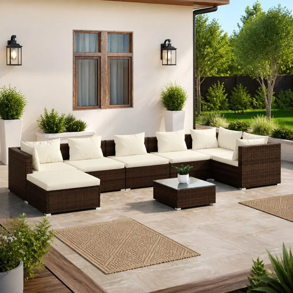 Garden Lounge Set Brown 8 Piece Modular Outdoor Furniture Water-Resistant PE Rattan