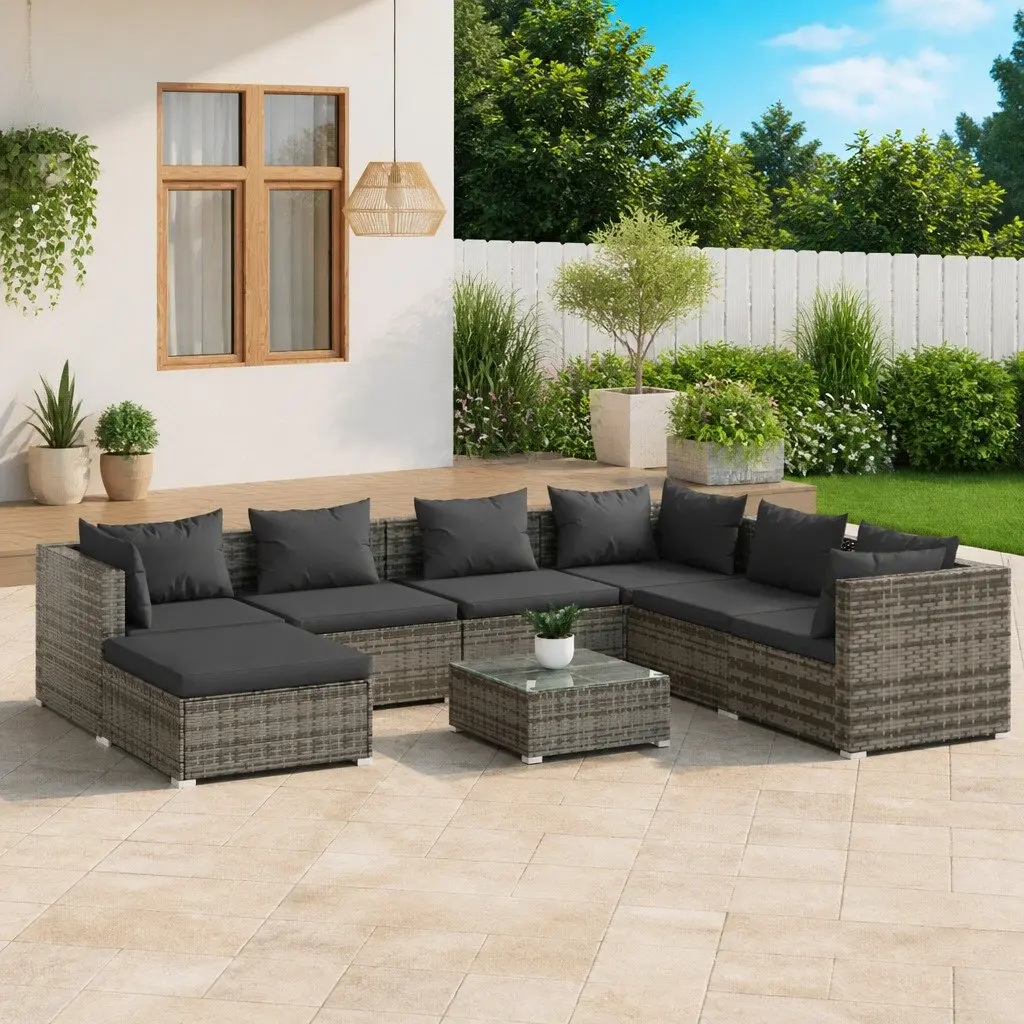 Modular Garden Lounge Set Grey 8 Piece Water-Resistant PE Rattan with Sturdy Steel Frame