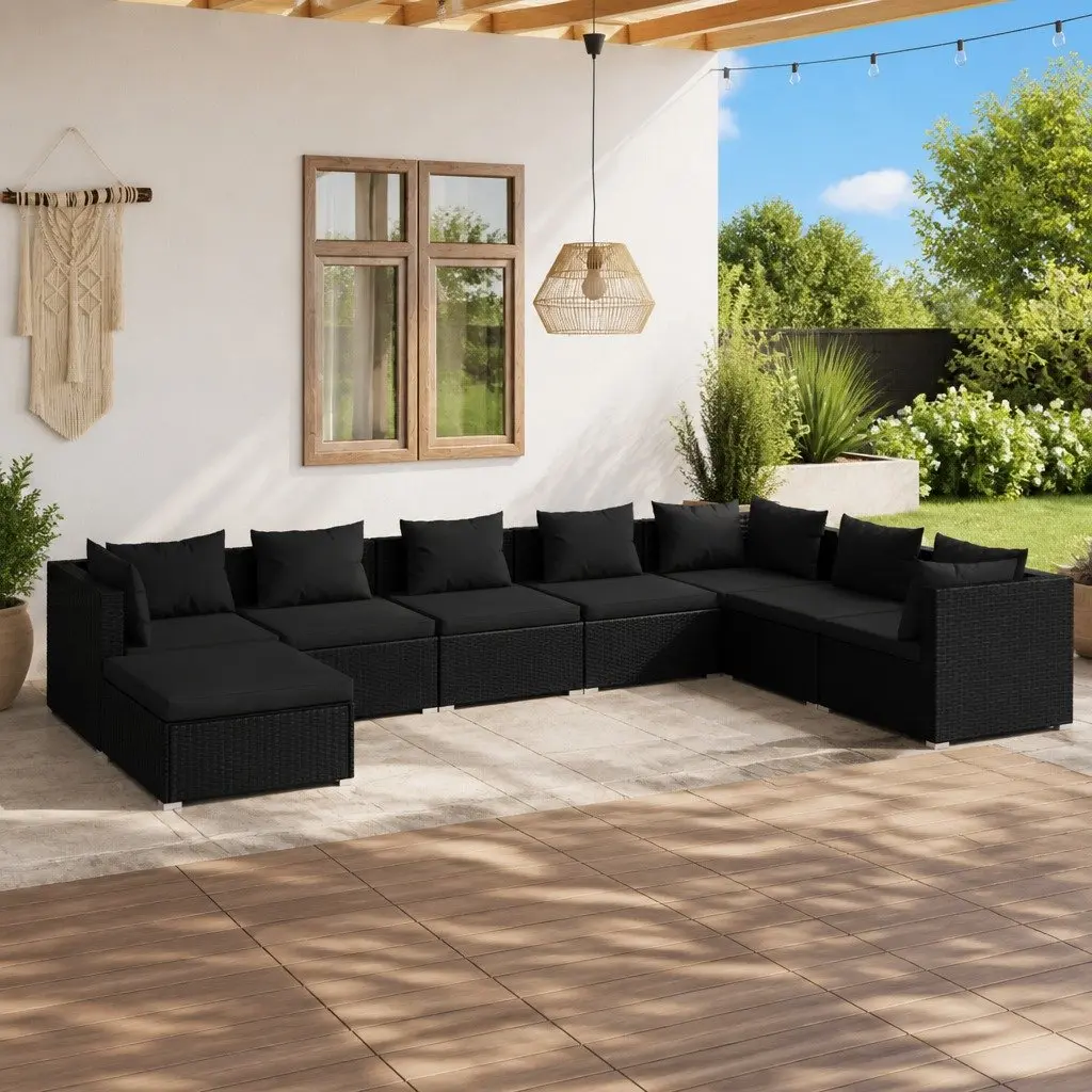 8 Piece Garden Lounge Set Black Modular Outdoor Furniture with Cushions