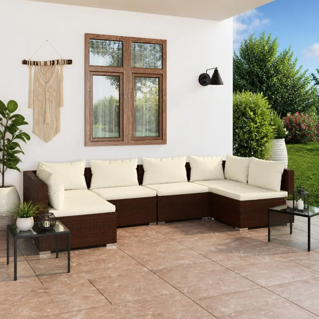 Garden Lounge Set 6 Piece Outdoor Furniture Poly Rattan Brown Modular Cushions