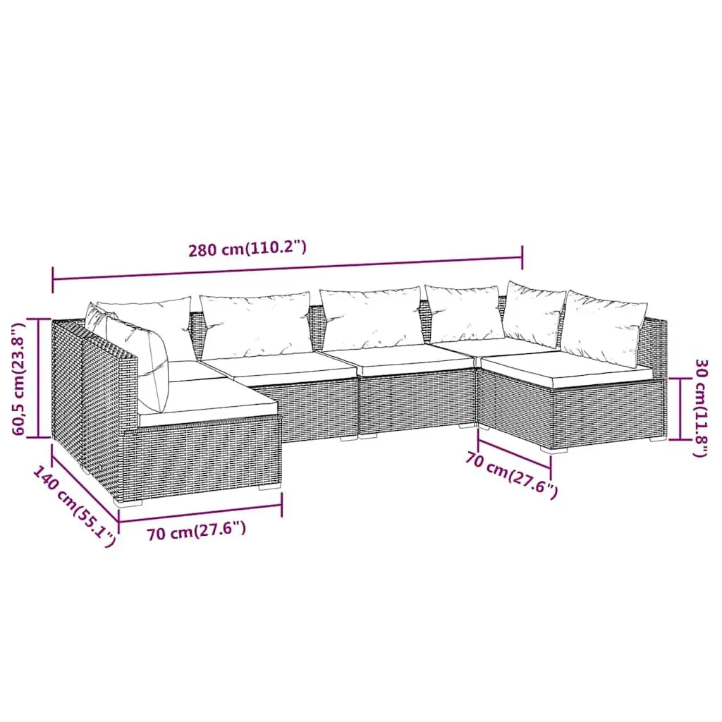 Garden Lounge Set 6 Piece Outdoor Furniture Poly Rattan Brown Modular Cushions