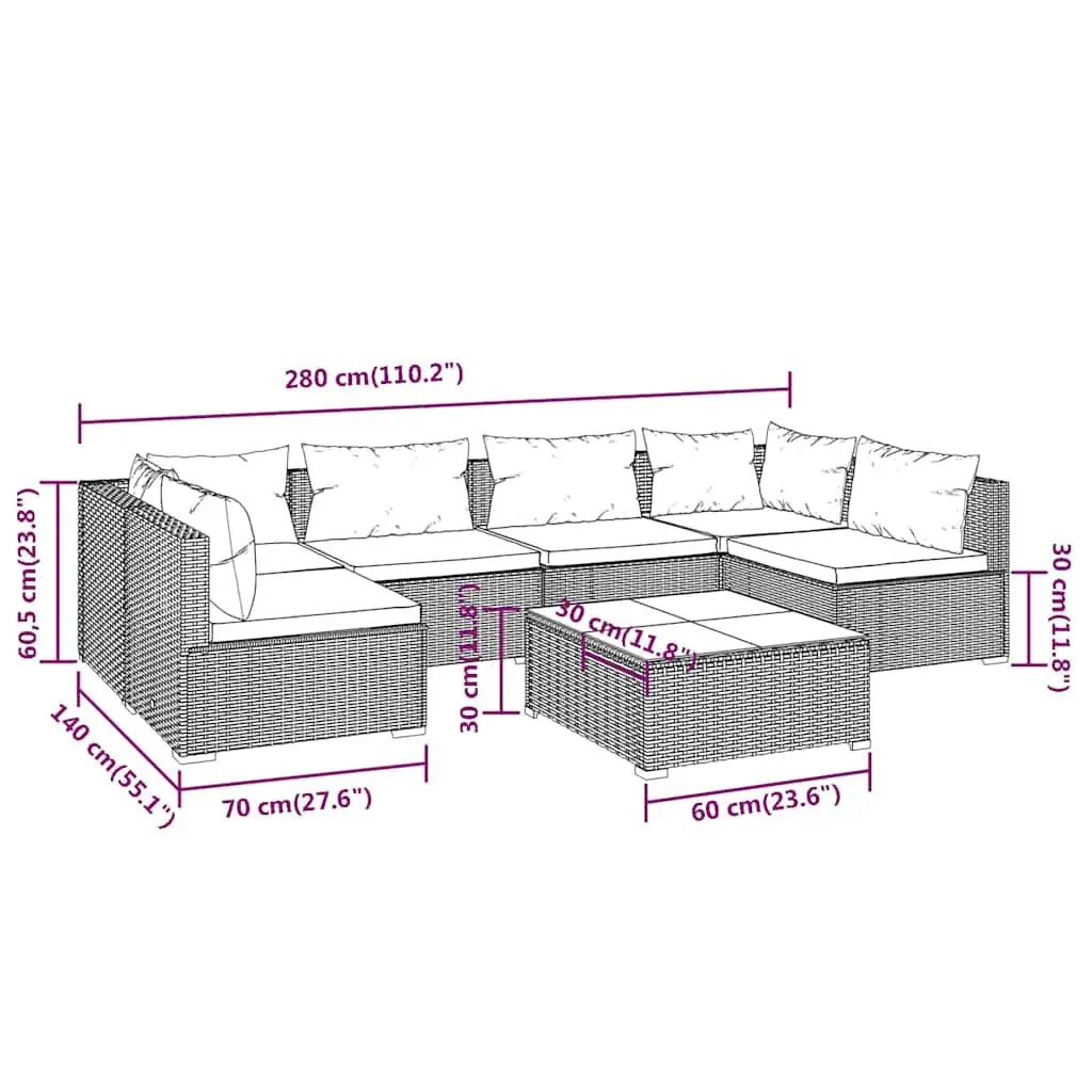 7 Piece Poly Rattan Garden Lounge Set Outdoor Furniture with Cushions Brown