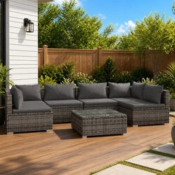 7 Piece Garden Lounge Set Poly Rattan Outdoor Furniture with Cushions Grey