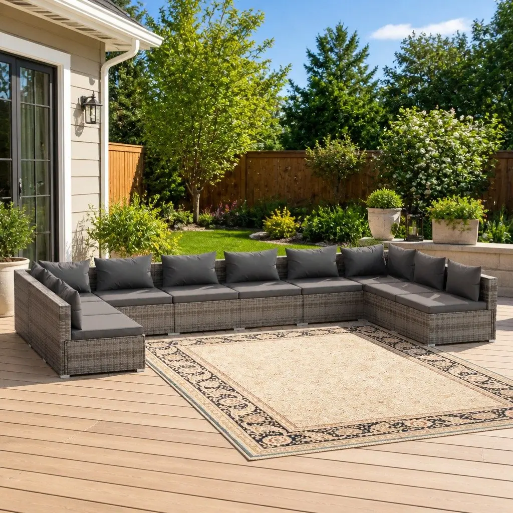 Garden Lounge Set Grey 10 Piece Modular Outdoor Furniture Water-Resistant PE Rattan