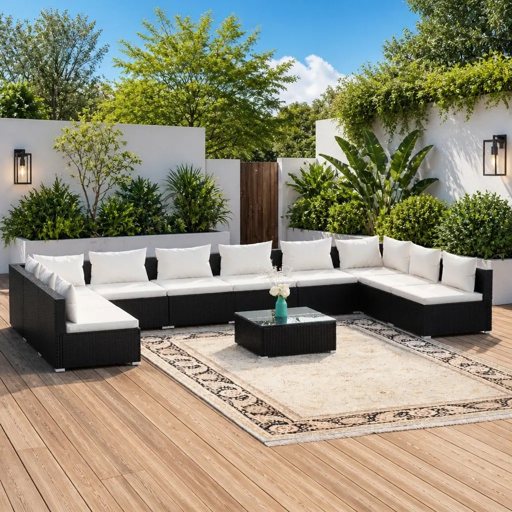Garden Lounge Set Black 11 Piece Modular Outdoor Poly Rattan Furniture