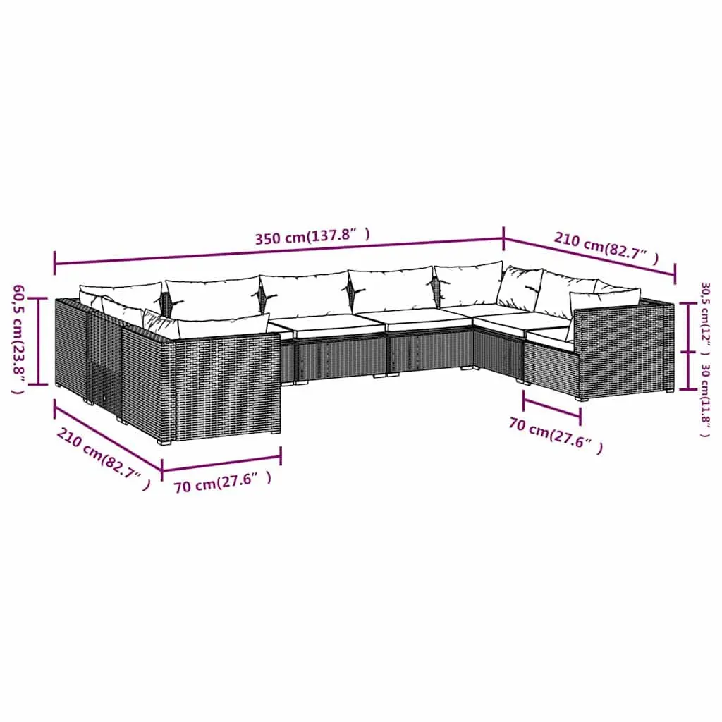 9 Piece Black Poly Rattan Garden Lounge Set Modular Outdoor Furniture with Cushions