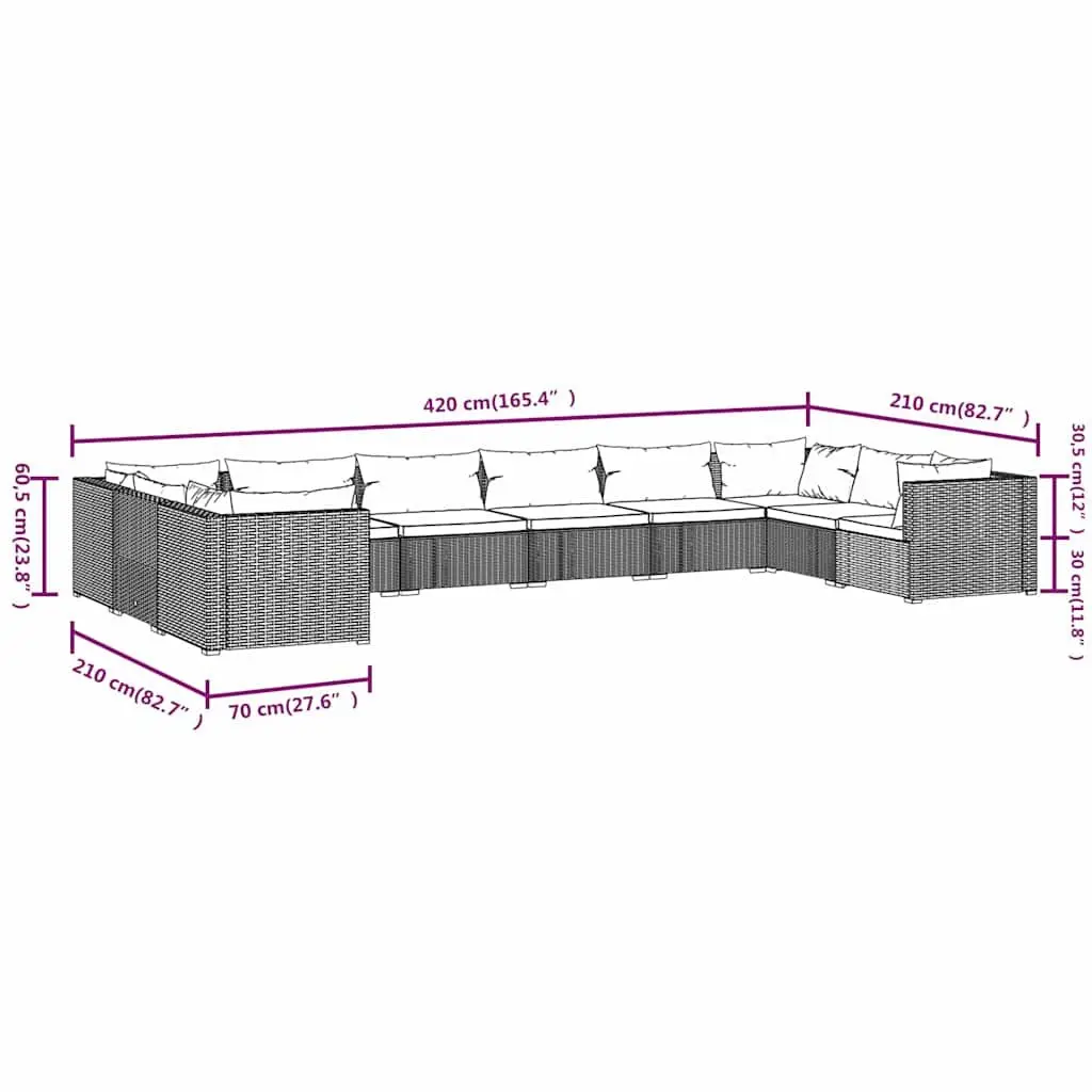 10 Piece Garden Lounge Set Grey Modular Outdoor Furniture with Cushions