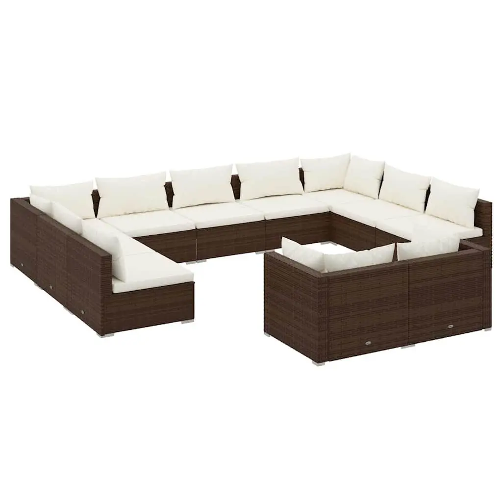 11 Piece Garden Lounge Set Brown Modular Outdoor Furniture with Water-Resistant PE Rattan and Thick Cushions