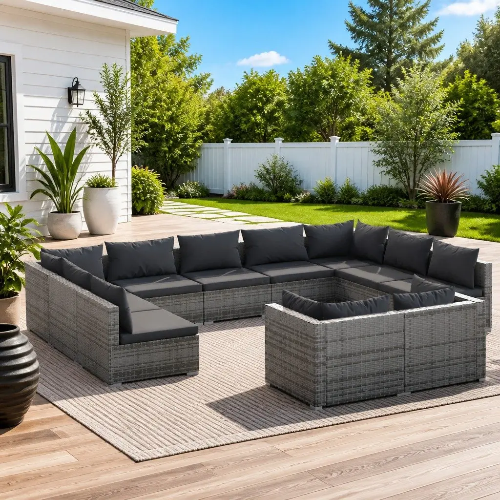 Garden Lounge Set 11 Piece Outdoor Furniture Grey Poly Rattan Modular Sofa
