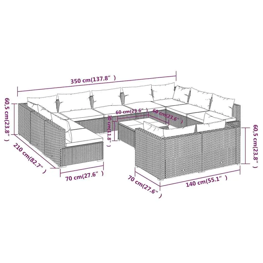 12 Piece Modular Patio Furniture Set Black Water-resistant PE Rattan Sturdy Powder Coated Steel Frame Removable Cushions
