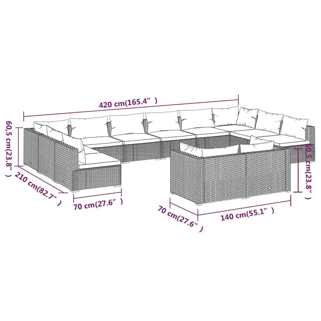 12 Piece Outdoor Garden Lounge Set Black Poly Rattan Patio Furniture Modular