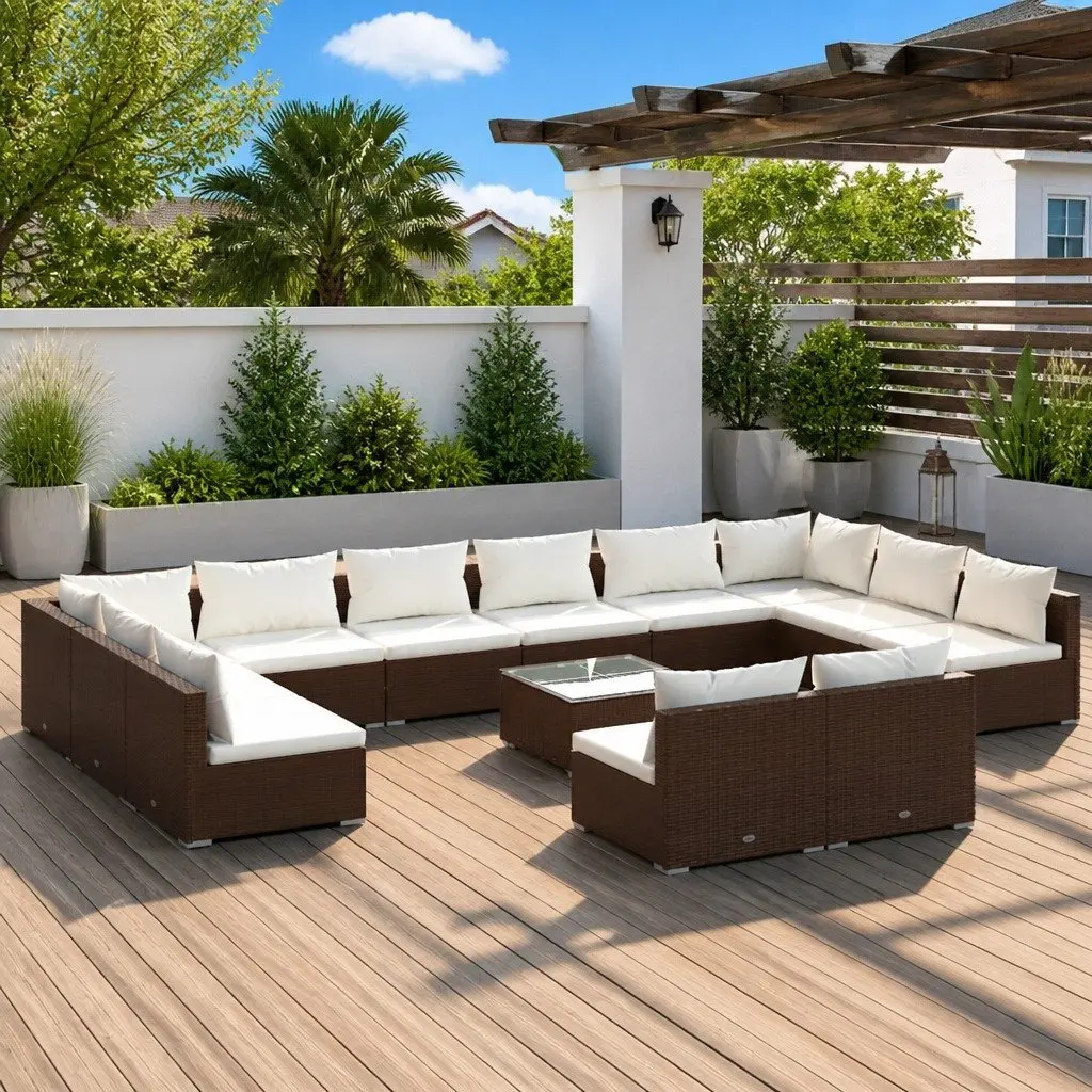 Garden Lounge Set 13 Piece Outdoor Patio Furniture Brown Rattan Modular