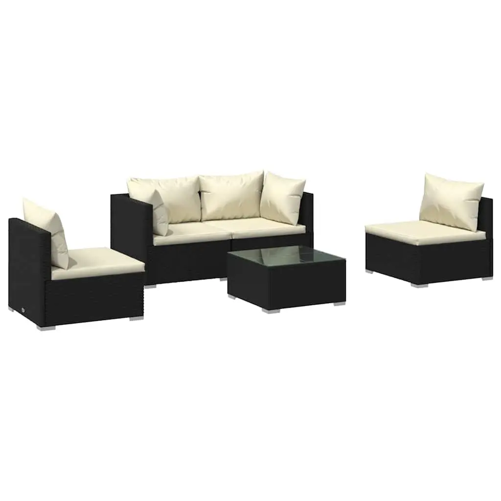 5 Piece Modular Garden Lounge Set Black PE Rattan Outdoor Furniture with Cushions