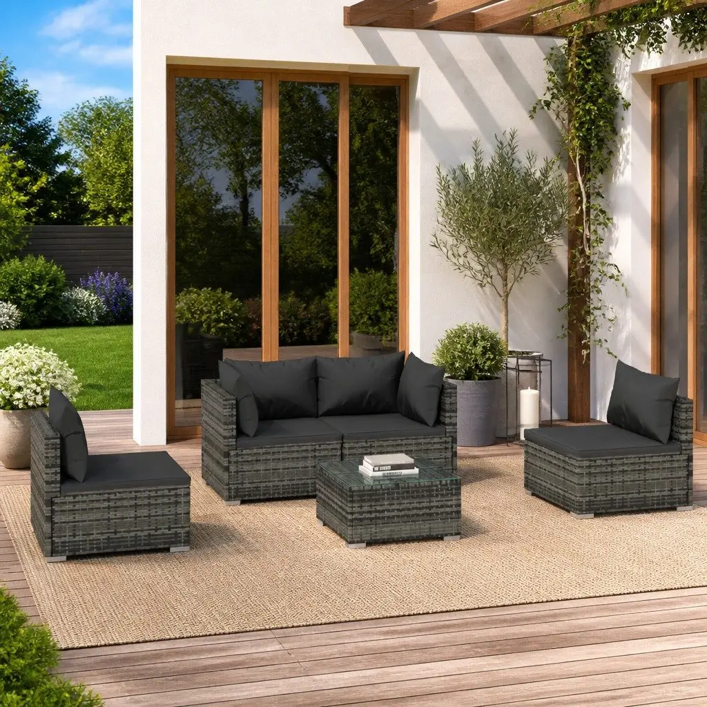 Garden Lounge Set Grey 5 Piece Outdoor Patio Furniture Rattan Sofa with Cushions